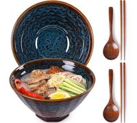 NUTRIUPS 2 cuencos de ramen de cerámica de 1500 ml con palillos y cucharas grandes de ramen, juego de cuencos de ramen, cola de pavo real
