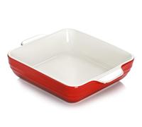 NUTRIUPS Fuente cuadrada para hornear de 8 x 8 pulgadas, sartén de cerámica de 1.5 L con asas, cacerola para horno, utensilios de porcelana para hornear (rojo degradado)