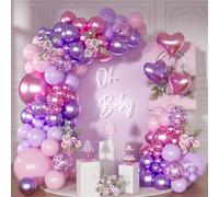 NUTTYBASH Kit de arco de guirnalda de globos rosa y morado, 126 globos metálicos de confeti púrpura rosa rojo con globo de aluminio de corazón para mujer, cumpleaños, novia, baby shower, boda