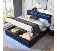 NuvlaGu Cama con dosel con iluminación LED, piel sintética, 140 x 200 cm, estación de carga USB, carga inalámbrica, 4 cajones, diseño de lichi, sin colchón (negro + poliuretano, 140 cm x 200 cm)