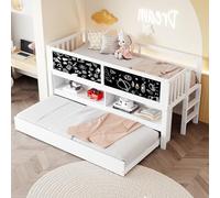 NuvlaGu Cama infantil de 90 x 200 cm, con cama nido y mesa frontal, litera de madera maciza con espacio de almacenamiento, escalera de escalada, pared de pizarra, cama doble para niños sin colchón