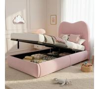 NuvlaGu Cama infantil de 90 x 200 cm con espacio de almacenamiento hidráulico y somier de láminas, cama individual para niños y niñas en suave tejido Bou on - Cama funcional sin colchón (rosa +