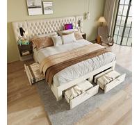 NuvlaGu Cama tapizada de 160 x 200 cm con 2 mesitas de noche y 4 cajones, juego completo con luz de lectura LED y función de carga USB, terciopelo, beige, sin colchón