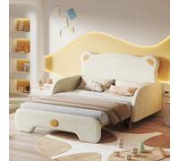 NuvlaGu Cama tapizada infantil con forma de oso sin colchón, cama doble de 140 x 200 cm, cama nido y cama nido, terciopelo beige, listones de madera, bordes protectores suaves, cama versátil para