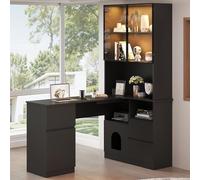 NuvlaGu Escritorio esquinero con vitrina LED, 120 × 80 × 180 cm, escritorio para ordenador con estante, 3 cajones, 2 puertas, gestión de cables y espacio de almacenamiento, moderna mesa de oficina