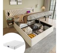 NuvlaGu Juego completo de cama de 160 x 200 cm, cama tapizada con espacio de almacenamiento hidráulico y 2 mesitas de noche, cabecero con luz LED de lectura y función de carga USB, terciopelo beige
