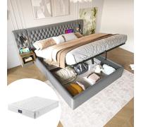 NuvlaGu Juego completo de cama de 160 x 200 cm, cama tapizada con espacio de almacenamiento hidráulico y 2 mesitas de noche, cabecero con luz de lectura LED y función de carga USB, color gris