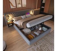 NuvlaGu Juego completo de cama de 180 x 200 cm, cama acolchada hidráulica con espacio de almacenamiento y 2 mesitas de noche, cabecero con luz LED de lectura y función de carga USB, color gris