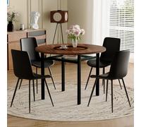 NuvlaGu Juego de mesa de comedor con 4 sillas, mesa redonda marrón de 100 cm de diámetro con aspecto de madera y silla negra de poliuretano con patas de metal negro para cocina, comedor, sala de estar