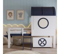 NuvlaGu Litera 90 x 200 cm, cama de media altura, cuna con techo y ventana, cajón inferior con ruedas, práctico deslizador inclinado de dos niveles, pino + MDF + madera contrachapada, color blanco y