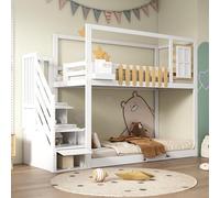 NuvlaGu Litera con escalera de 90 x 200 cm de madera de pino maciza, ventana y estante, barrera anticaídas y 3 taquillas en la escalera, color blanco, cuna infantil con espacio de almacenamiento