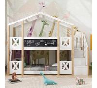 NuvlaGu Litera de 90 x 200 cm, cama infantil con escalera, cama alta con tobogán y cajones, 2 somieres de madera maciza, MDF, para habitación infantil (blanco + natural + madera + 90 cm x 200 cm)