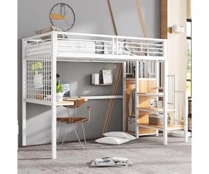 NuvlaGu Litera de hierro para niños y adolescentes con mesa y armario, 90 x 200 cm, color blanco y natural, escalera lateral con pasamanos, metal resistente y aglomerado