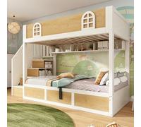 NuvlaGu Litera infantil de 90 x 200 cm con armario para escaleras y espacio de almacenamiento, litera de madera en color blanco natural, con barandilla de seguridad y somier, cama doble para 2 niños