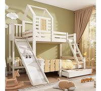 NuvlaGu Litera infantil de 90 x 200 y 140 x 200 cm con tobogán y cajón, cama alta con escalera, cama doble inferior, somier y protección anticaídas, color blanco y natural (sin colchón)