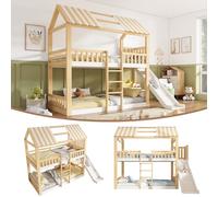 NuvlaGu Litera infantil sin colchón, 90 x 200 cm, con tobogán y estantería, cama alta de madera blanca natural con techo a dos aguas para 2 niños con barandilla