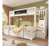 NuvlaGu Litera para 3 niños, 90 x 200 y 140 x 200 cm, de madera maciza con pizarra, escalera, 2 cajones y armario de escalera, cama alta estable, cama juvenil (blanco)