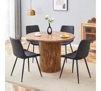 NuvlaGu Mesa redonda de comedor con 4 sillas, mesa de comedor minimalista de 100 cm de fibra de densidad media, 4 sillas negras con piel sintética y estructura metálica negra, ergonómica, para comedor