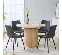 NuvlaGu Mesa redonda de comedor con 4 sillas, mesa de comedor minimalista de 100 cm de tablero de fibra de densidad media con aspecto de madera clara, 4 sillas negras con piel sintética y estructura