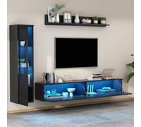 NuvlaGu Mueble de salón de TV de 3 piezas con iluminación LED, color negro brillante, juego de muebles de salón con TV bajo, vitrina y estante de pared, moderno, para televisores grandes de hasta 79