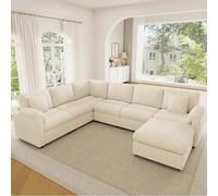 NuvlaGu Sofá esquinero modular en forma de U / L XXL de 7 plazas con taburete, sofá de pana con cojines, sofá combinado flexible para salón y dormitorio, extra confort, color beige