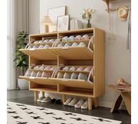 NuvlaGu Zapatero con 4 cajones plegables de ratán, zapatero para pasillo, dormitorio o apartamento de estilo rústico, 100 x 25 x 90 cm, madera con asas de metal (roble claro + tablero de partículas2)