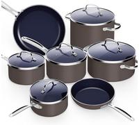 Nuwave Juego de 12 utensilios de cocina ligeros forjados, revestimiento ultra antiadherente de cerámica Duralon saludable G10, tapas de vidrio templado ventiladas, asas que se mantienen frías, listo