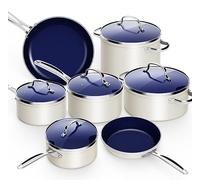 Nuwave Juego de utensilios de cocina ligeros forjados de 12 piezas, revestimiento antiadherente de cerámica azul Duralon G10, tapas de vidrio templado ventilado de alta calidad, asas que se mantienen