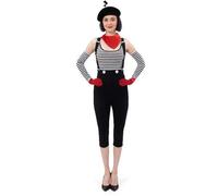NUWIND Disfraz de mimo francés para mujer, chaleco a rayas blancas y negras, conjunto de accesorios de disfraz de artista para adultos, traje de cosplay, fiesta temática (negro y blanco, XXL)