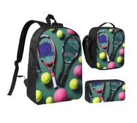 NUYFVG Divertidas raquetas de tenis y pelotas de tenis estampadas, bolsa de almuerzo, estuche para bolígrafos, correas ajustables, escuela, viajes, actividades al aire libre