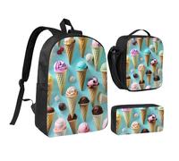 NUYFVG Juego de mochila con estampado de conos de helado, bolsa de almuerzo, estuche para bolígrafos, correas ajustables, escuela, viajes, actividades al aire libre