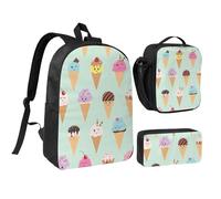 NUYFVG Juego de mochila escolar con estampado de conos de helado, bolsa de almuerzo, estuche para bolígrafos, 3 en 1, para niños y niñas, viajes, actividades al aire libre