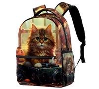 NUYFVG Mochila retro con diseño de gato y caja de música para niños, mochila escolar para adolescentes, primaria y junior