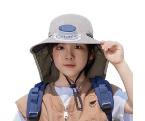 Nuyhgtr Kids Hat with Fan, Wide Brim Quick-Drying Sunblock Cap, Built-in Cooling Summer Shade, Lightweight UV Protection Gear, Good for Cycling Fishing Camping Outdoor Use, Grey Khaki