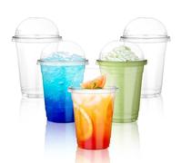 NUZEKY vaso de plástico para batidos con tapas de cúpula, paquete de 50 vasos PET transparentes de 12 onzas para batidos, café helado, fuertes y reutilizables