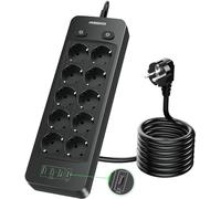 NVEESHOX Regletas Enchufes (4000W/16A) de 10 Tomas con 4 USB Puertos (3USB A+1 USB C), Regleta Enchufes Protección Sobretension, Regleta USB con Cable de Extensión de 2m para hogar, Oficina