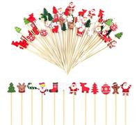 NVGVUP 100 Piezas Palillos para Aperitivos de Frutas, Pinchos para Aperitivos de Calcetín, Palos De Bambu 12cm, Palitos de Cóctel Papá Noel Reno Copo de Nieve, Palillos para Aperitivos Navidad