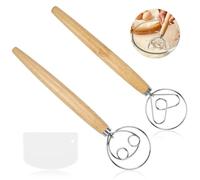 NVGVUP 2 batidores daneses de masa danesa, batidor de masa danesa de acero inoxidable con doble agujeros para mezclar rápidamente, batidor de huevos de 33 cm, batidor danés con mango largo de madera