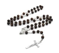 NVOQILIN Collar de madera con colgante de cruz para hombre y mujer, cuentas de madera talladas, rosario largo, collares católicos, joyería masculina, collar de cuentas de madera para mujer