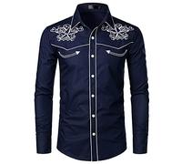 NW Camisa de vaquero occidental para hombre con estilo bordado slim fit casual manga larga camisas para hombre de boda fiesta camisa, Azul marino-01, S