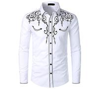 NW Camisa de vaquero occidental para hombre con estilo bordado slim fit casual manga larga camisas para hombre de boda fiesta camisa, blanco, XL