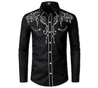 NW Camisa de vaquero occidental para hombre con estilo bordado slim fit casual manga larga camisas para hombre de boda fiesta camisa, Negro, XL