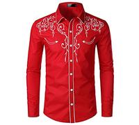 NW Camisa de vaquero occidental para hombre con estilo bordado slim fit casual manga larga camisas para hombre de boda fiesta camisa, rosso, L