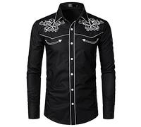 NW Camisa de vaquero occidental para hombre con estilo bordado slim fit casual manga larga camisas para hombre de boda fiesta camisa, Negro-01, L
