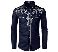 NW Camisa de vaquero occidental para hombre con estilo bordado slim fit casual manga larga camisas para hombre de boda fiesta camisa, azul marino, L