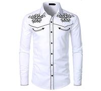 NW Camisa de vaquero occidental para hombre con estilo bordado slim fit casual manga larga camisas para hombre de boda fiesta camisa, Blanco-01, XL