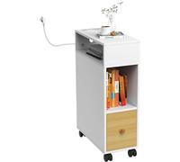 nwixbqoqn Mesa Auxiliar con Estación de Carga, Mesa Lateral Estrecha con Puertos USB, Ruedas, Cajón y 2 Estantes de Almacenamiento, Mesilla de Noche para Sala de Estar, Dormitorio, Madera, 50x25x70cm