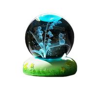 NWPNLXEA Crystal Ball Engraved with 3D Cat and Lily of The Valley Figurine with LED Colorful Base, Glass Sphere Collectible Ornament Gifts for Women Lovers,A-60mm