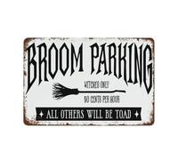 NWPNLXEA Vintage Witches Broom Parking Sign Humorous Warning Rustic Metal Tin Sign Halloween Wall-Art For Home Bar Man Cave 8 X 12 inch