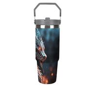 NWTRJ Dragon - Vaso de 880 ml con asa superior, de acero inoxidable, aislada al vacío, taza de viaje para café con tapa y pajilla, botella de agua a prueba de fugas para mujeres y hombres